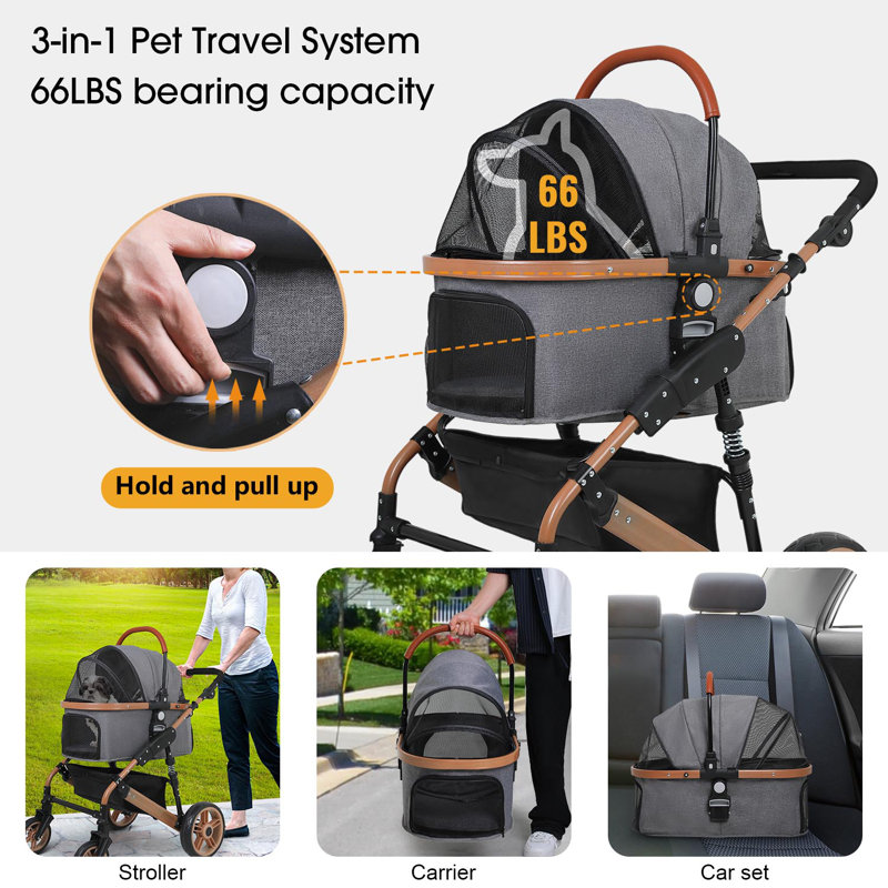 Gray Aluminum Frame 4-Wheel Dog Stroller with Detachable Carrier