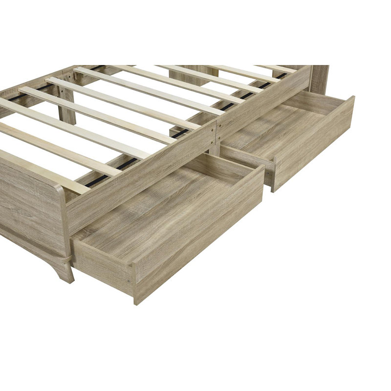 Structure de lit plateforme avec rangement à deux tiroirs et bande de lumière dans la tête de lit, chêne