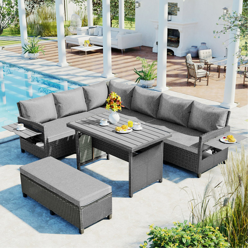 Ensemble de canapé d'extérieur modulaire en forme de L avec 2 tables d'appoint extensibles pour la cour et la piscine, Gris