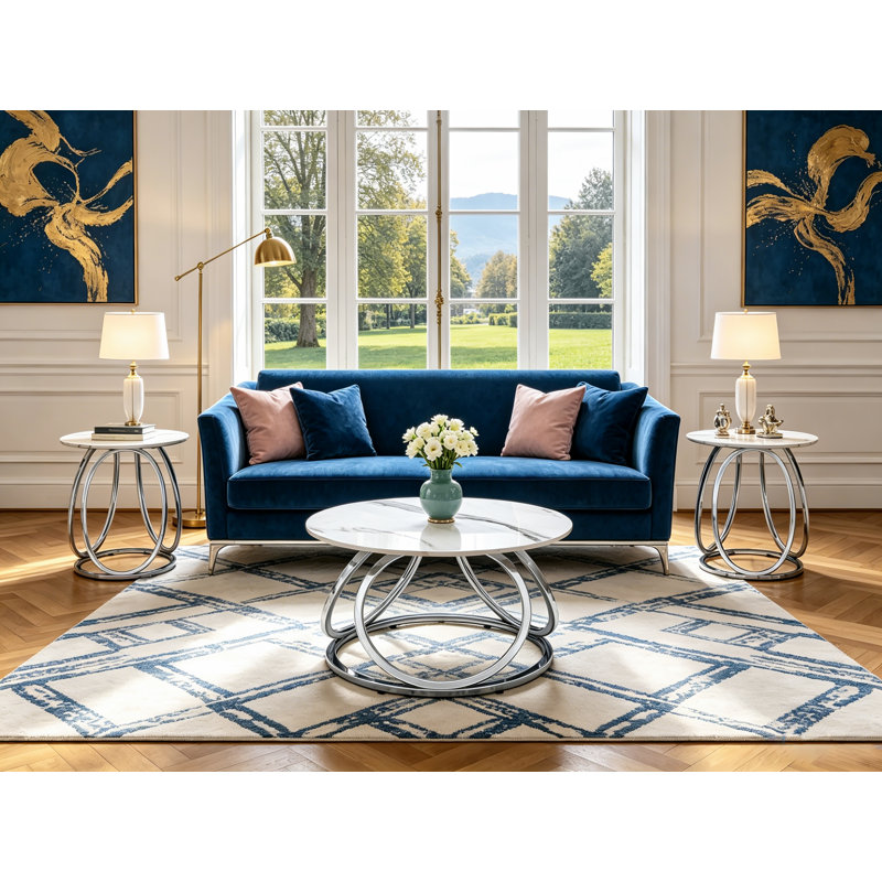 Living Room Table Set, Calacatta White/Silver