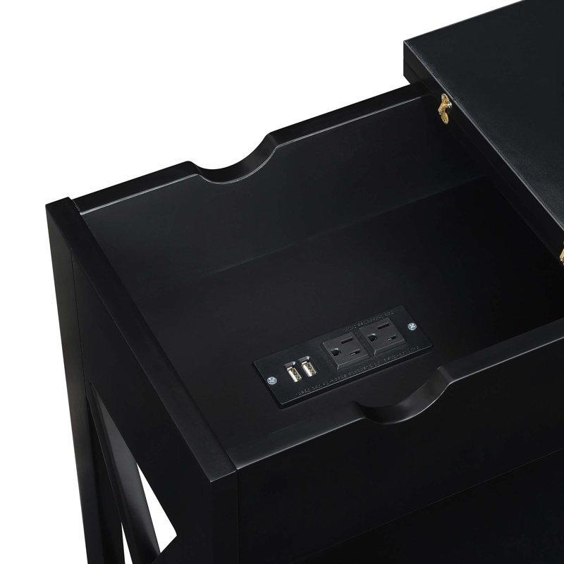 Gerde End Table and Built-In Outlets, Black/Black