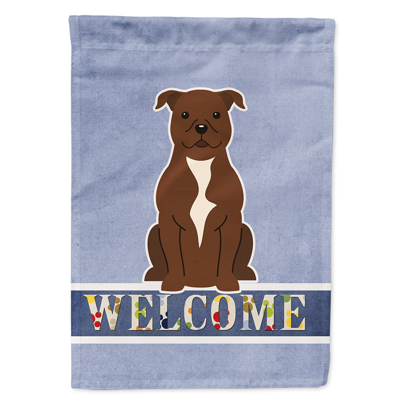 Polyester 2 côtés 40 x 28 po welcome drapeau maison, Staffordshire bull terrier chocolat assis