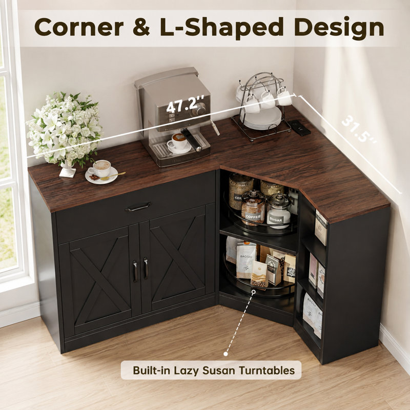Meuble-bar de coin de style ferme de 120 cm avec plateau tournant à 2 niveaux, prise électrique, tiroir et étagères de rangement, noir