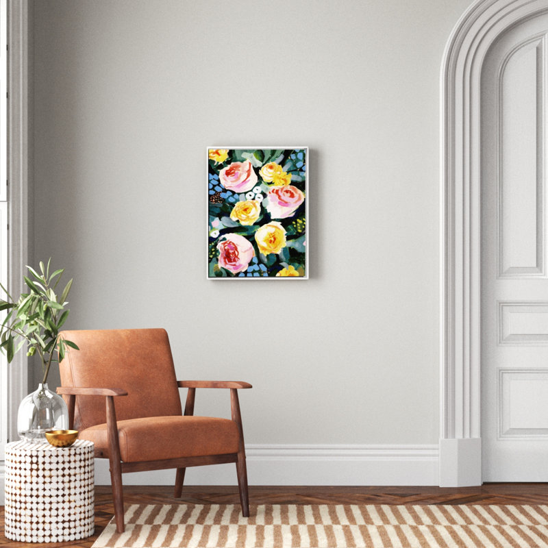 « fleur mélangée ii », peinture sur toile, H 25,7 po x l 19,7 po x P 1,75 po, Cadre flottant blanc