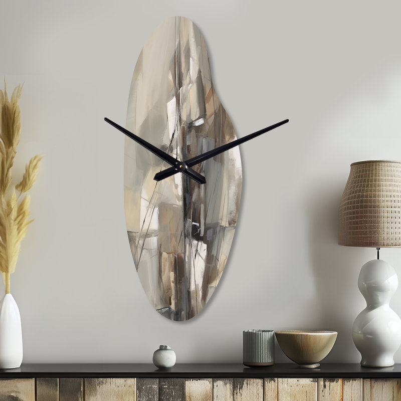 Elhaam - Abstract Design Shapes I - Horloges abstraites en métal incurvées, horloge murale asymétrique en métal beige, Médium