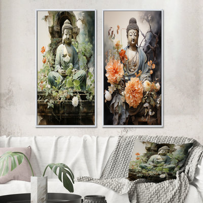" Green Buddhist Art Buddhas Serene " 2 - Pieces