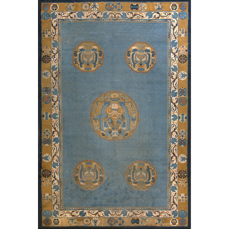 Antique Geometric Medallion Wool Hand Knotted Pile Blue 1930s Rug