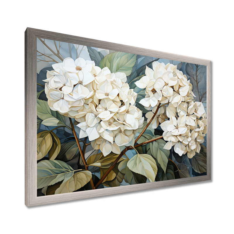 «Cubist Hydrangea L'interpretation» - art mural hortensia, Cadre simple argenté, H 34 po x l 44 po x P 1,5 po