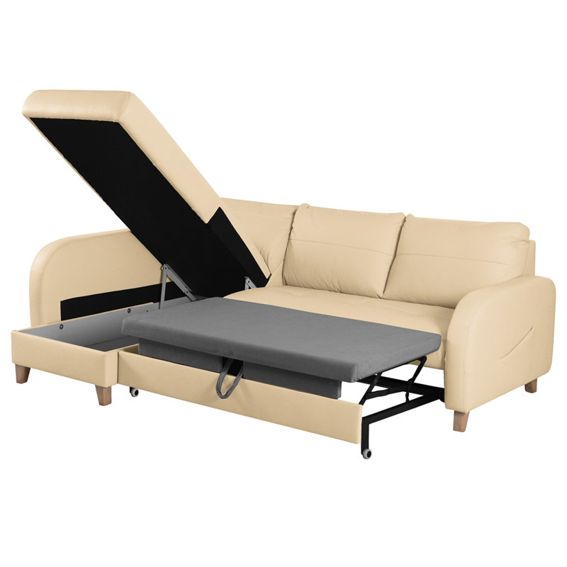 Alvaretta Leather Corner Sofa with Sleeping Function and Underseat Storage , Beige, Left Hand Facing