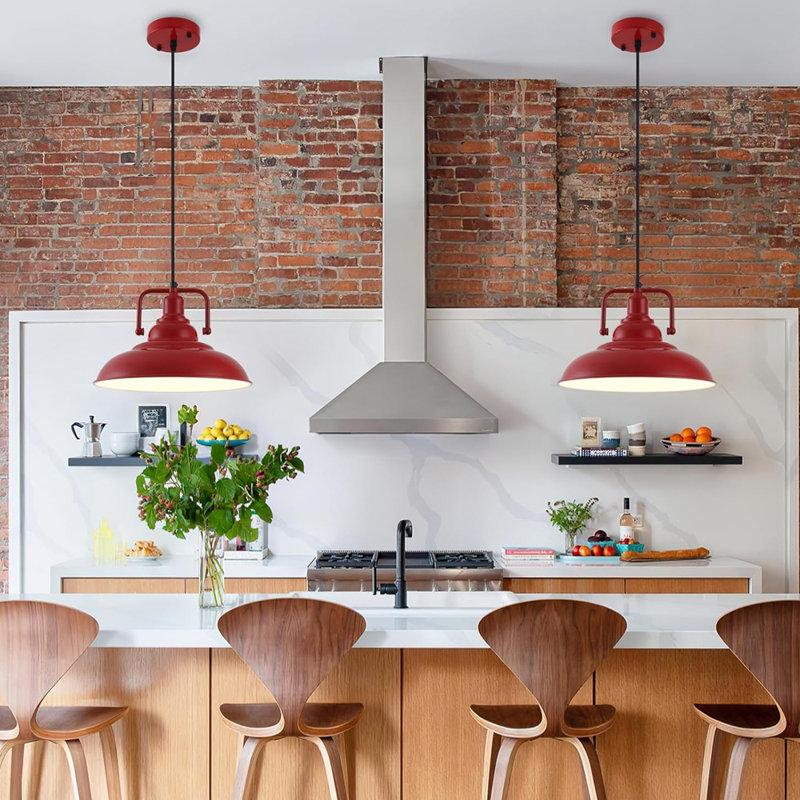Red Pendant Lights Kitchen Island 12.2 Inch, 2 Pack Industrial Pendant Light Fixtures Adjustable Height, Farmhouse Ceiling Hanging Light for Dining Room Cafe Bar