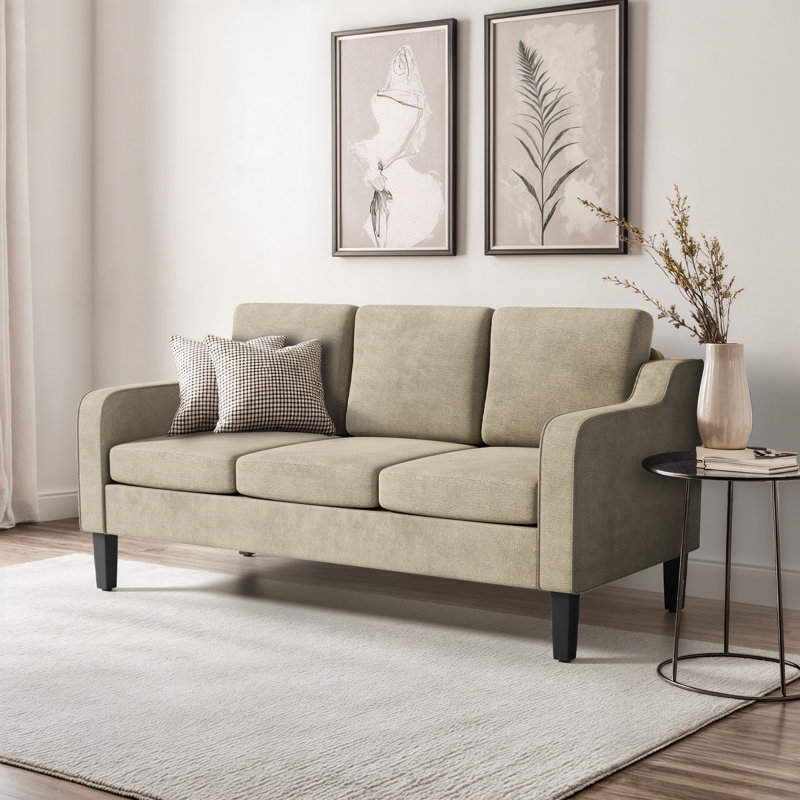 64" Mid-Century Modern 3-Seater Sofa 4" Wide Arc-Notched Armrests Compact Design, Beige