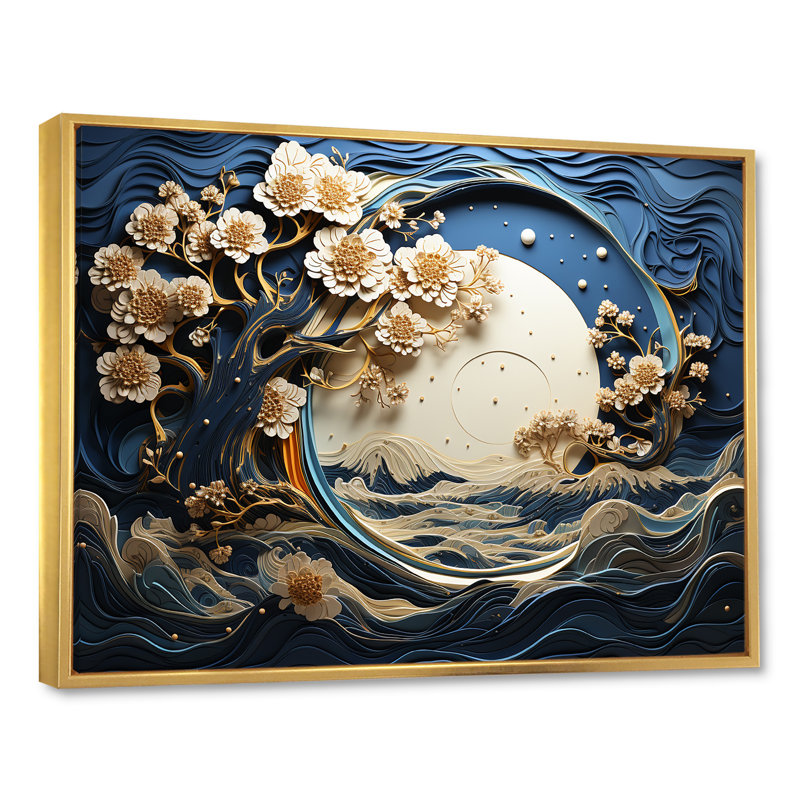 Ambiance côtière dorée et bleue I - arbre, art mural, Cadre flottant doré, H 34 po x l 44 po x P 1,5 po