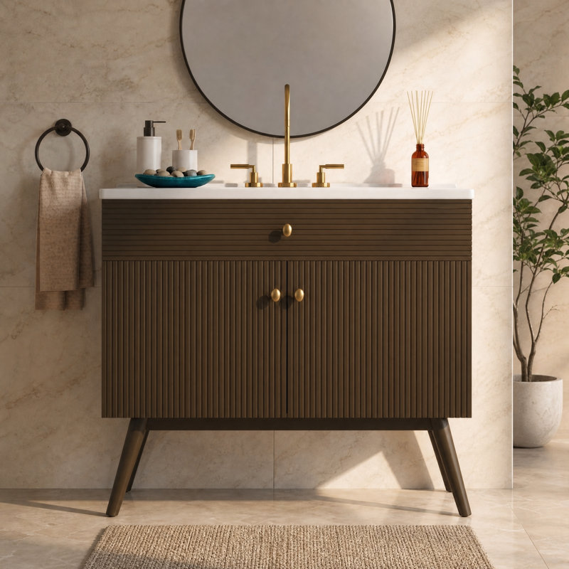 Meuble-lavabo rayé de 91 cm (36 pouces) avec lavabo en céramique et rangement à fermeture en douceur