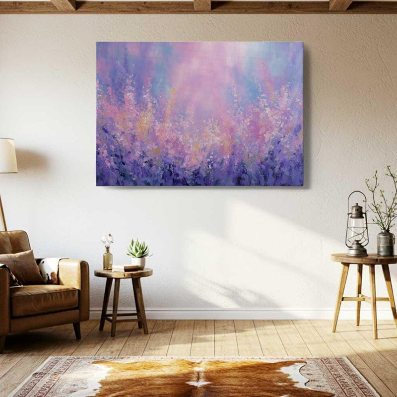 Art mural floral mauve, toile de fond lavande, reproduction de jardin lilas abstrait, peinture de fleurs sauvages pastel rêveuse - décor de printemps romantique doux