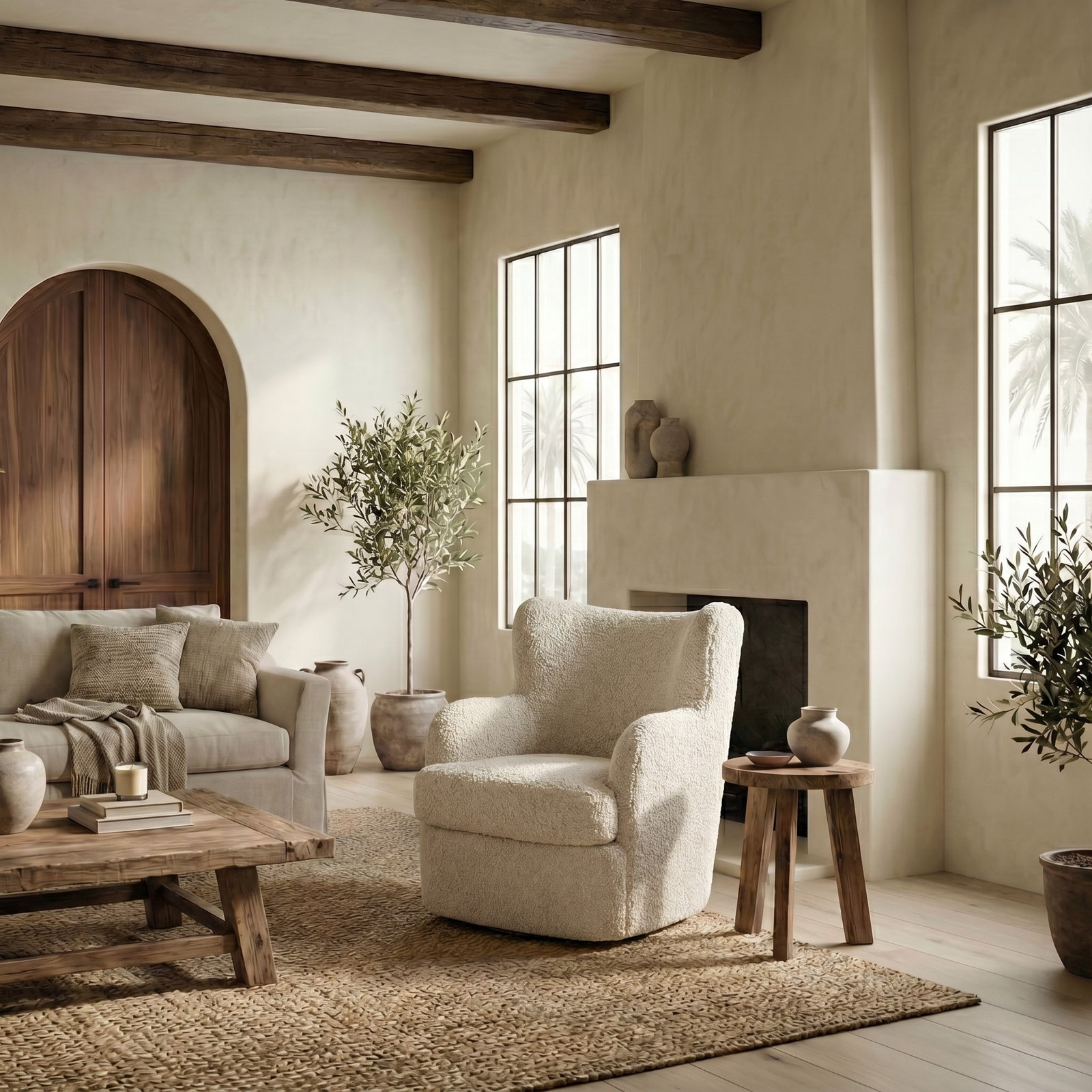 Seadrift Swivel Accent Chair, Off White Faux Shearling