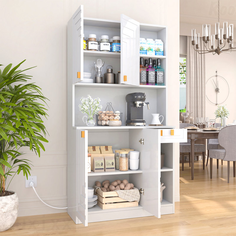 70" High Gloss White Wooden Kitchen Microwave Stand Hutch Pantry Cabinet For Living Room With Storage And Charging Station
