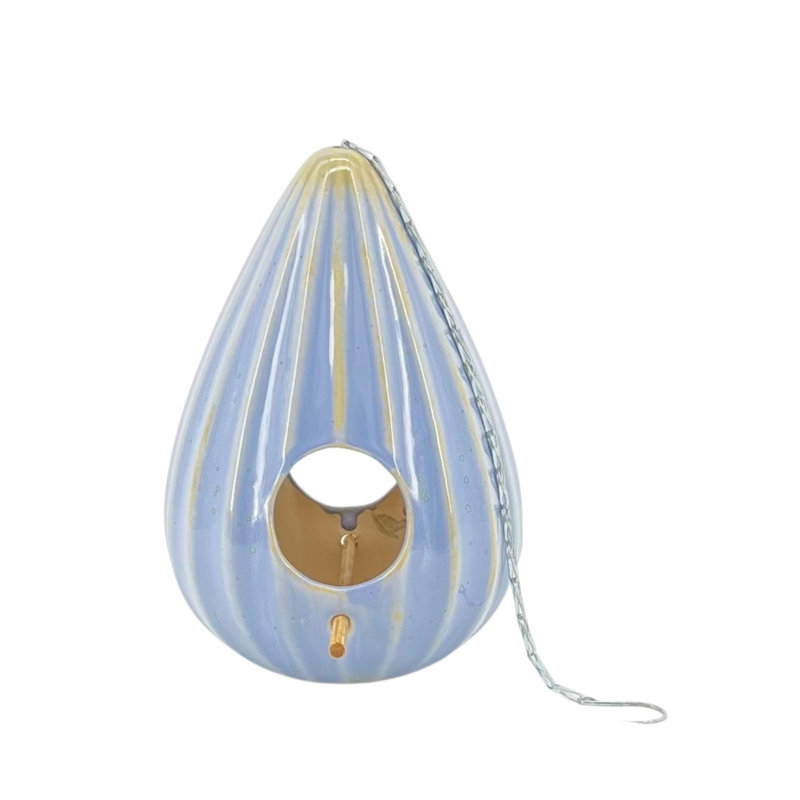 Reactive Blue Ceramic Teardrop Ruffled Hanging Birdhouse