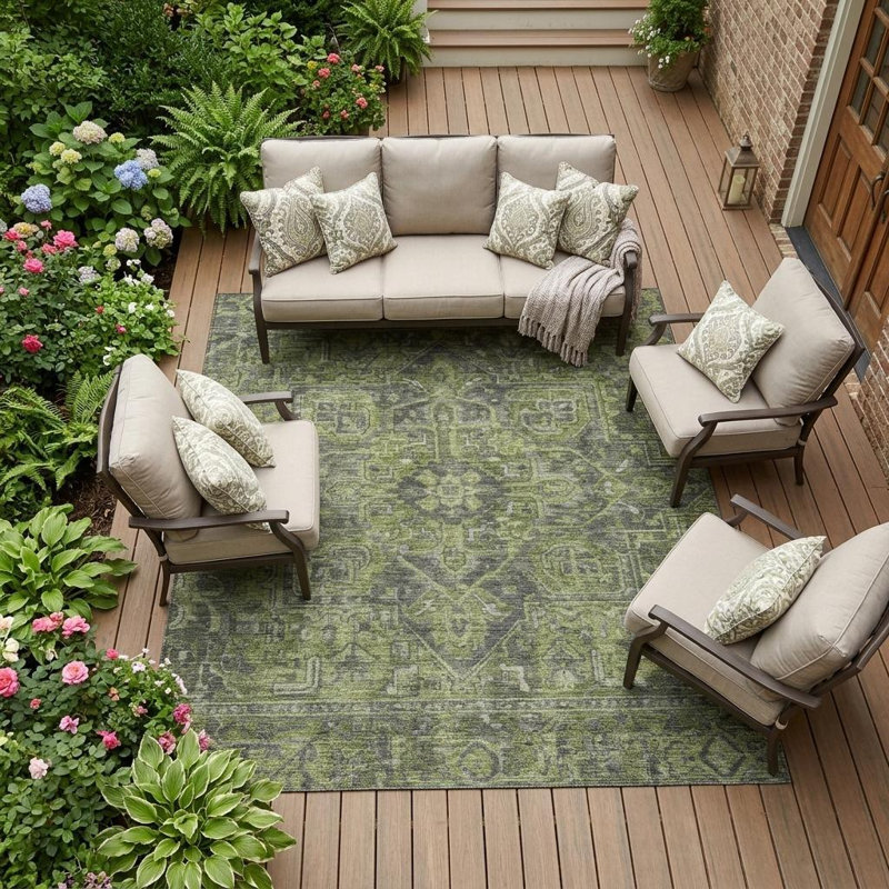 Tapis extérieur lavable antidérapant de 9 pi x 12 pi vert et gris