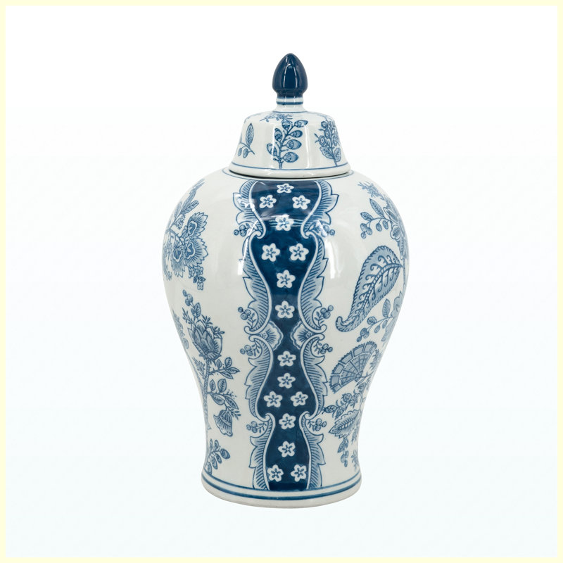 Vase de rangement décoratif en porcelaine bleue et blanche 8,3 x 14,6 pouces avec motifs floraux, vase de rangement