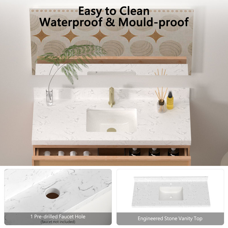48" Modern Wall Mounted Single Bathroom Vanity with Engineered Stone Top, Soft Close Drawers