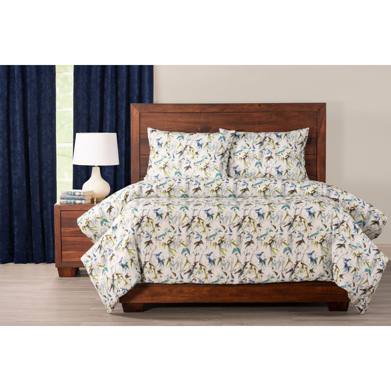Hummingbird Polyester Abstract Duvet Cover, Blue/Green, King Duvet Cover + 2 King Shams