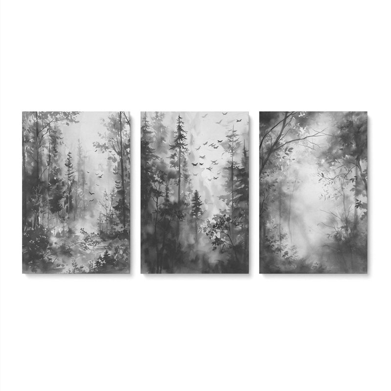 Forest Enclave Set of 3 Canvas Prints in a Black Frame, 30" x 20", 18" H x 36" W x 1.25" D, Wrapped Canvas