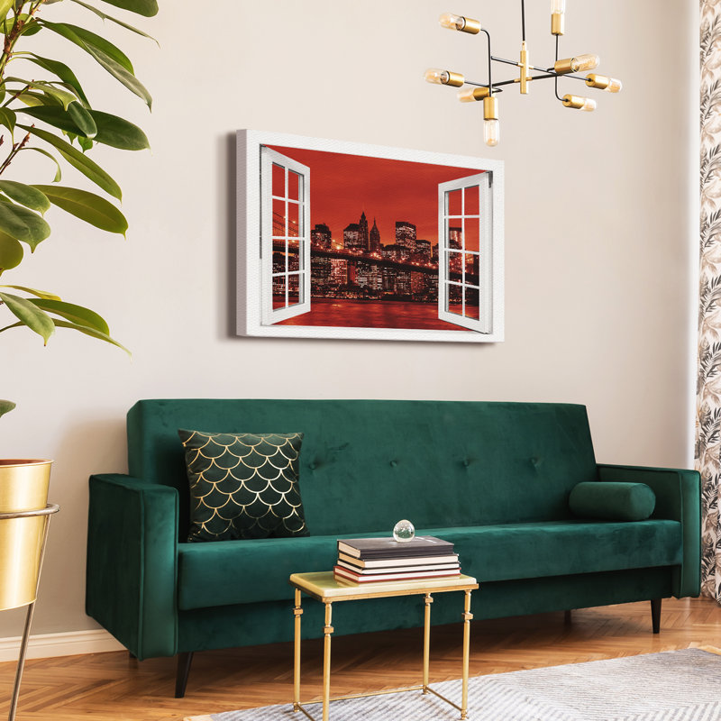 New York Manhattan Brooklyn Bridge Red Window - No Frame Print on Canvas, 60cm H x 80cm W x 2cm D