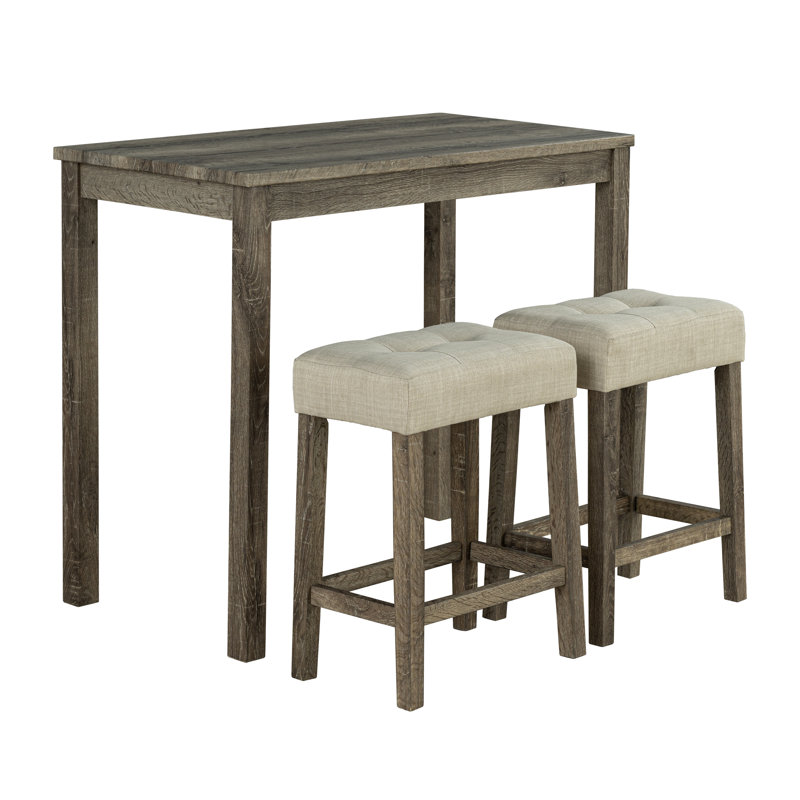 Brown/Beige Transitional Counter-Height Dining Set - 42"W Table W/ Biscuit-Tufted Stools, Rubberwood & Engineered Wood ?