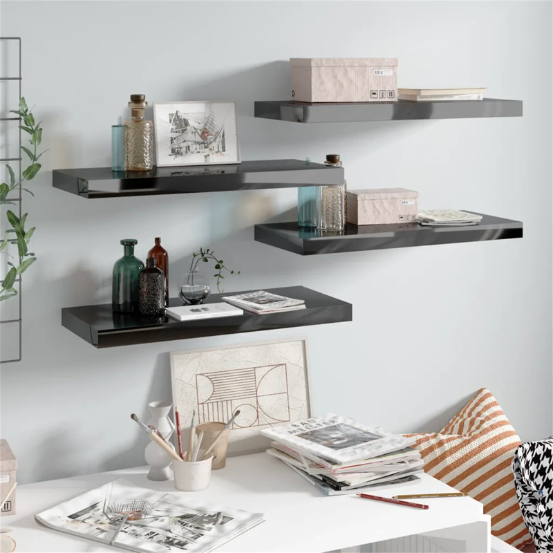 Arsis 4 Piece Metal Floating Shelf, 3.8cm H x 23.5cm W x 120cm D, High Gloss Black