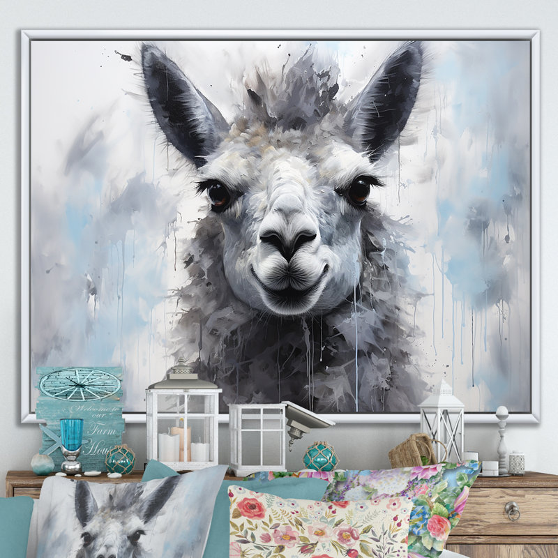 Portrait d'un lama gris sur toile, Cadre flottant blanc, H 16 po x l 32 po x P 1 po