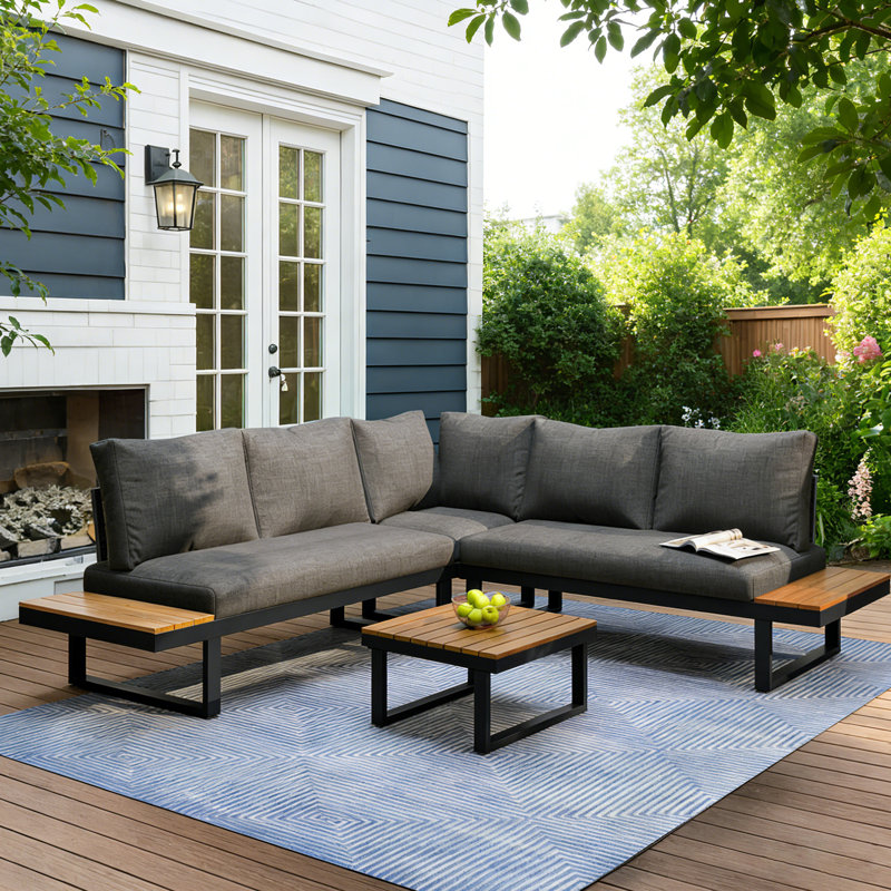195cm Wide L-Shaped Metal Patio Sectional Set