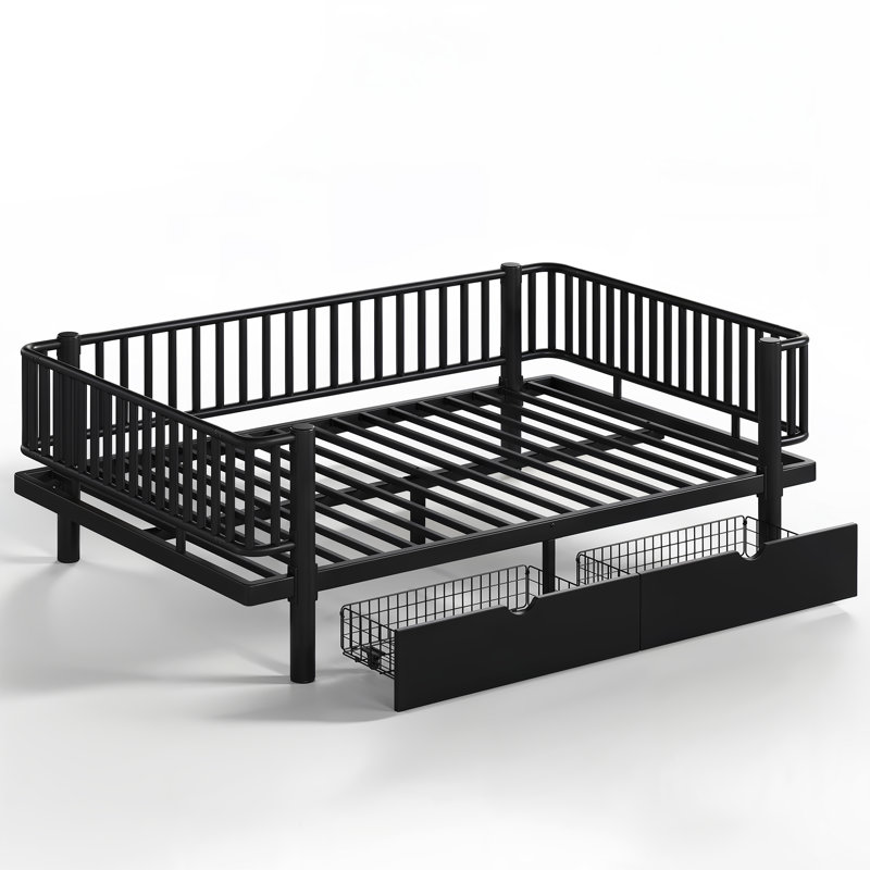 Metal Full Daybed Frame with 2 Storage Drawers & Detachable Fence, Can be Transformed into Platform Bed,Safety Round-Pipe Design, Black