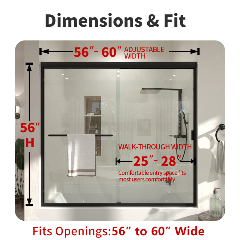 56-60" W x 56" H Semi-Frameless Sliding Bathtub Shower Door with Clear Tempered Glass, Adjustable Width Bypass Tub Door