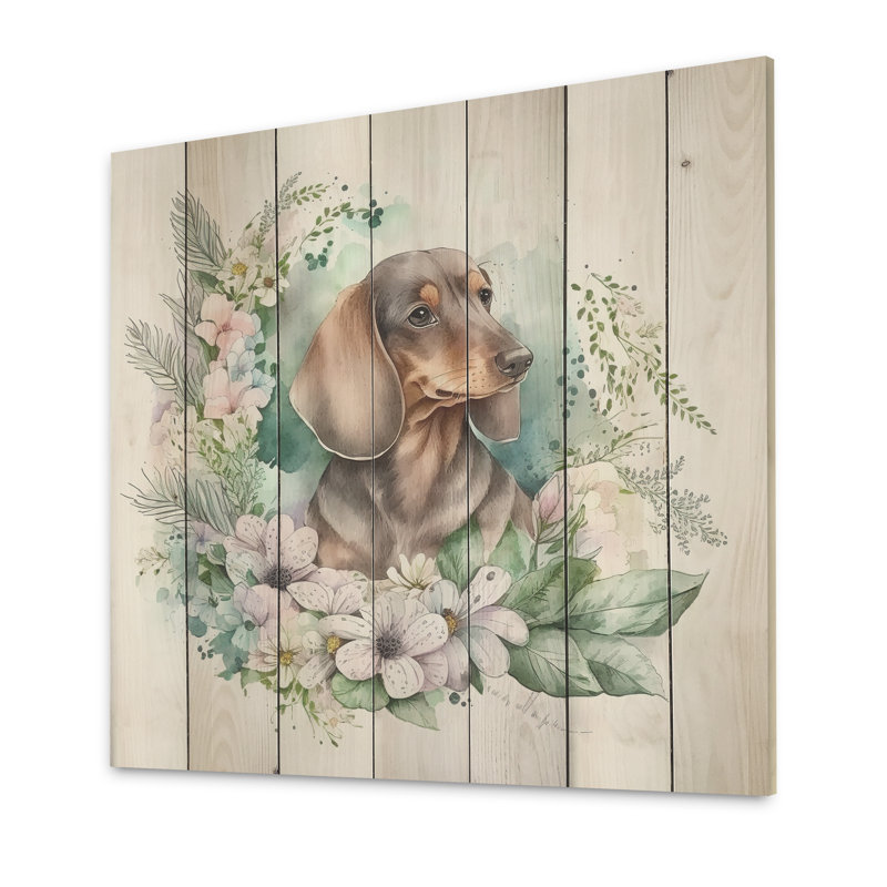 Adorable teckel aquarelle avec fleurs III - impression sur bois, L 16 po x H 16 po x P 1 po
