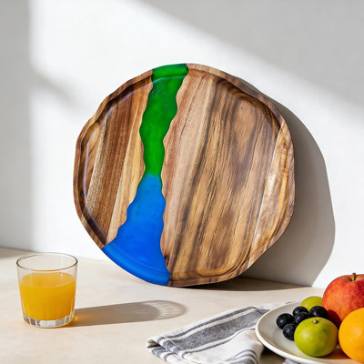 Handmade Acacia Wood Serving Tray With Resin Design, Decorative Tray For Snacks, Drinks, Coffee Table, And Home Organization