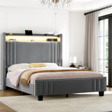 Hudepohl Upholstered Wingback Bed with 52.12" High Storage Headboard, Modern Upholstered Bed Frame with Outlet & LED Light