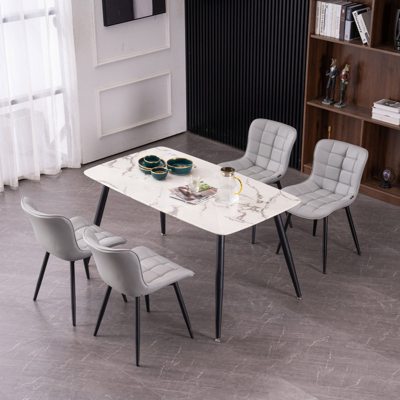 Heitger Tufted Wing Back Side Chair, Faux Leather Upholstered Dining Chair with Metal Legs, Gray
