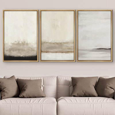 " Minimalist Gray Tan Paint Stroke Landscape Abstract Wall Art " 3 - Pieces