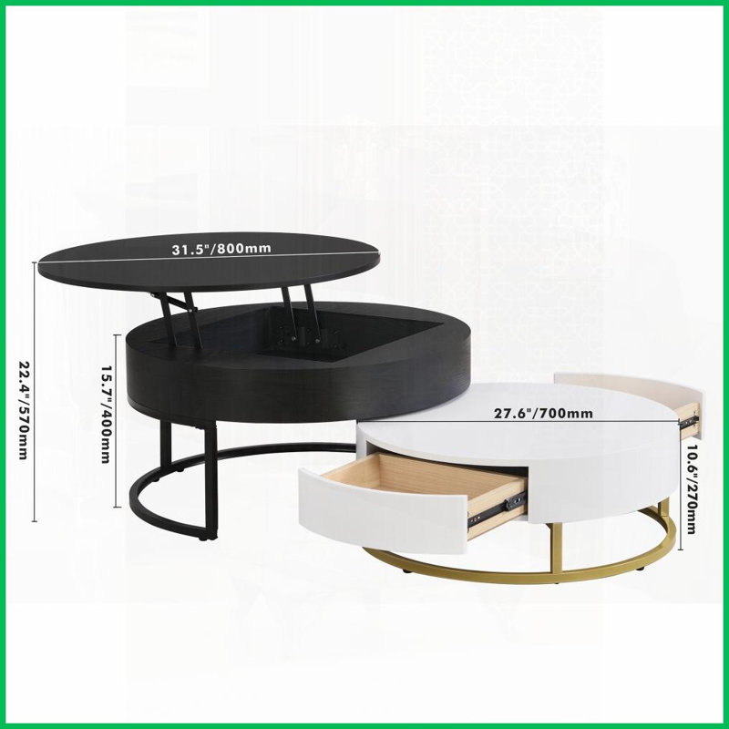 Table basse gigogne moderne avec plateau relevable et amp; 2 tiroirs - Multifonctionnel peu encombrant pour le salon, Or/noir