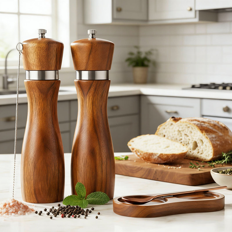 Ensemble de 2 moulins à sel et à poivre en bois d'acacia, avec grosseur réglable, noyau de broyage en céramique et plateau en bois, cuillère et brosse de nettoyage en prime
