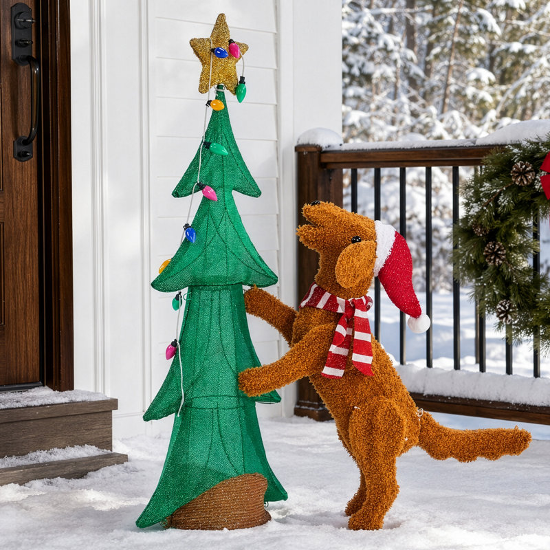 Sapin de Noël de 1,20 m en forme de chien grimpant, brun et vert, avec 188 lumières blanc chaud