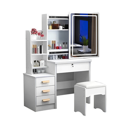 Elegant Vanity Desk With Lights & Mirror - Multiple Storage Choices, White Stylish Brightness Adjustable 4 Drawers,