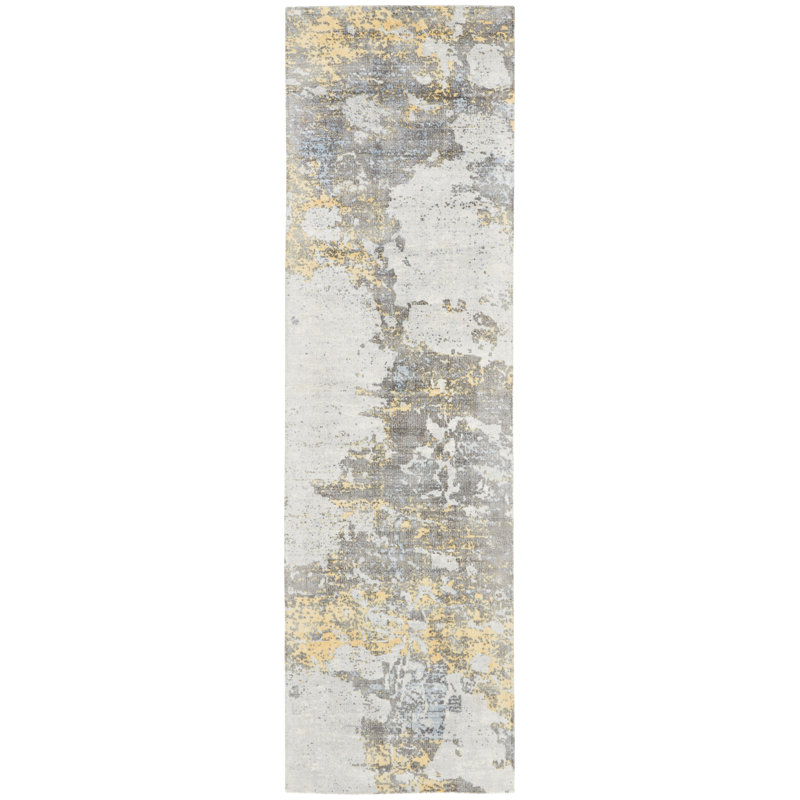 Tapis ivoire / doré abstrait tissé à la main, Tapis de couloir 2 pi 3 po x 8 pi