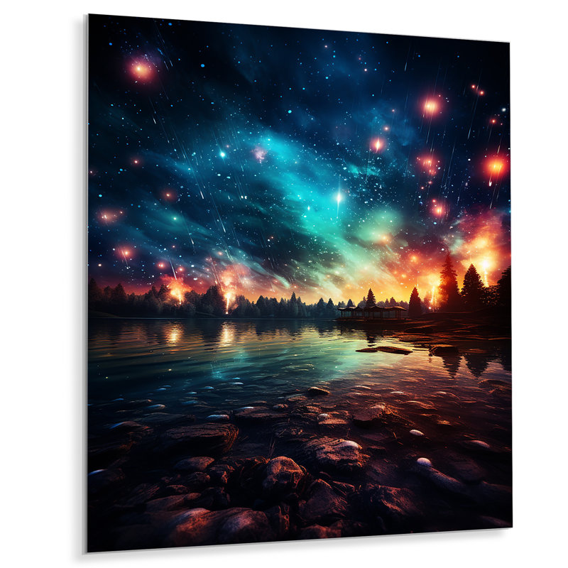 Feux d'artifice vert et rouge au bord du lac I - Art mural en métal, H 32 po x l 24 po x P 1 po