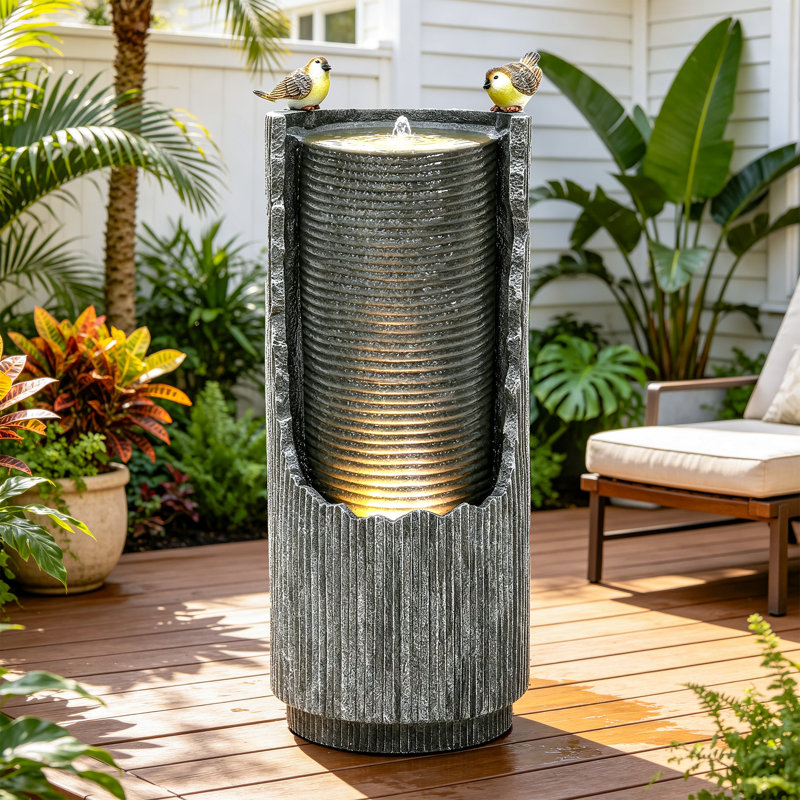 32"H Fluted Concrete Outdoor Floor Fountain with LED Lights & Birds