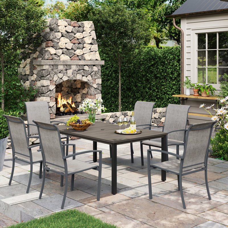 6-Person Outdoor Patio Dining Set With Stackable Armchairs, Gray/Gray Woodlike