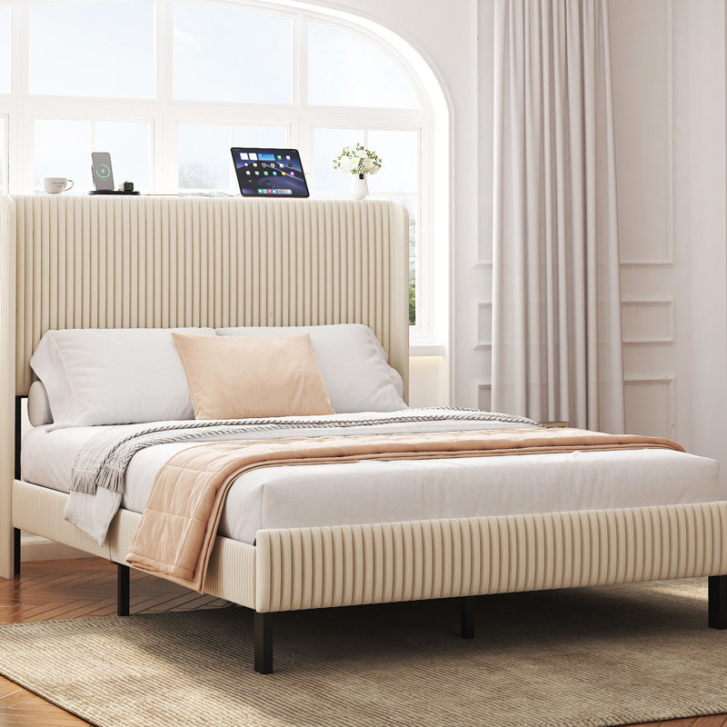 Beige Full Bed Frame With Charging Station And Storage Headboard, Quiet , Strong Metal Slats, No Box Spring Needed Size Platform Velvet Headboard Station, Slats For Support, Spring, Fast Assembly