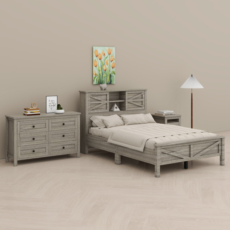 Ensemble de lit plateforme Farmhouse avec tête de lit, station de charge et table de chevet et commode, Antique Grey