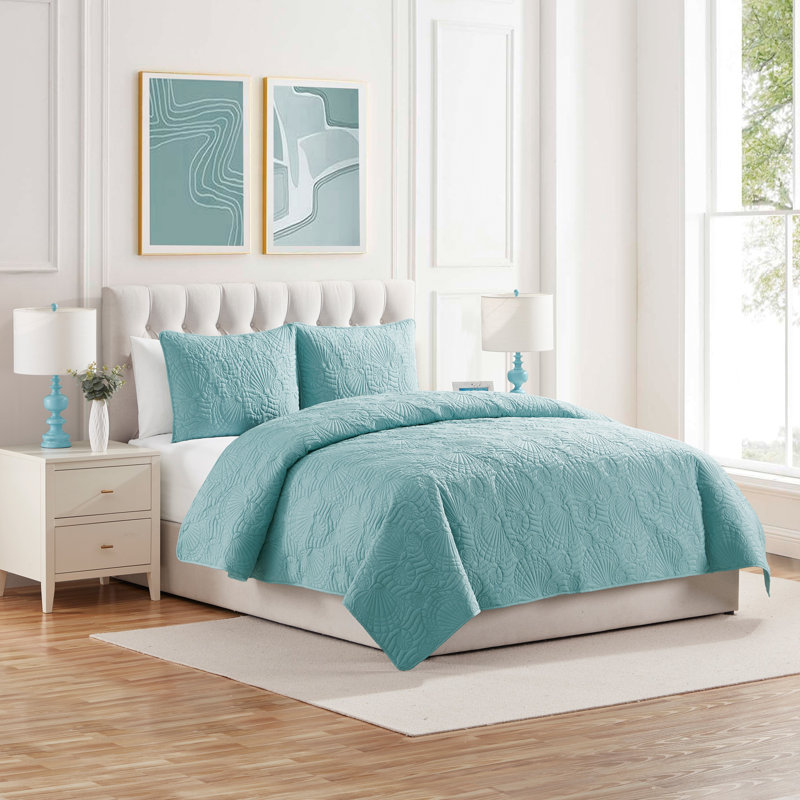 Ensemble de courtepointe 3 pièces Ocean Seasell, Courtepointe grand + 2 couvre-oreillers standard, Écume de mer