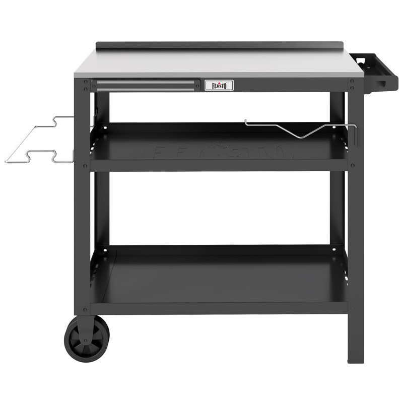 Chariot-grill d'extérieur multifonctionnel à 3 tablettes avec table en acier inoxydable, dosseret et porte-outils Feasto
